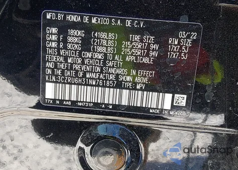 2022 Honda Hr-V Awd Lx из США, поврежденный, VIN 3CZRU6H31NM761857